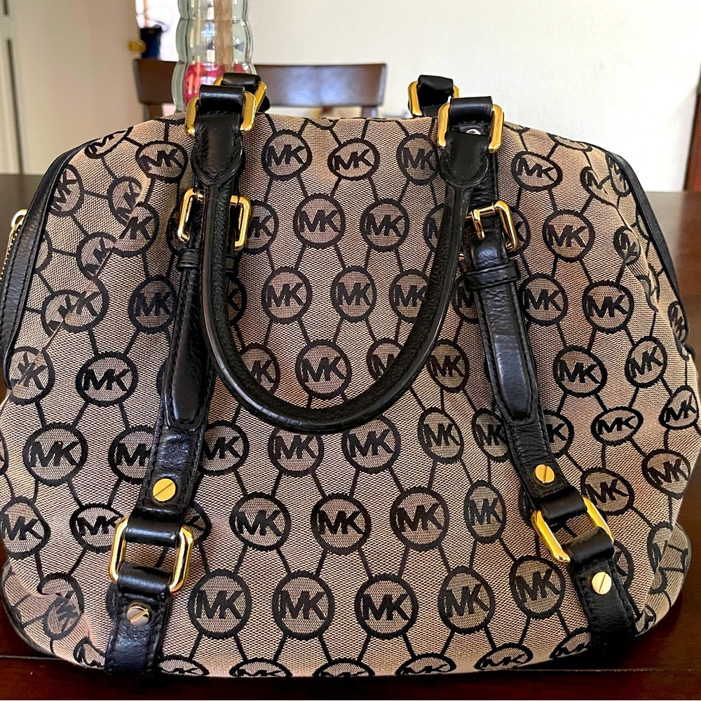 Authentic Michael Kors MK Monogram Satchel Bag Black Logo Gold Hardware